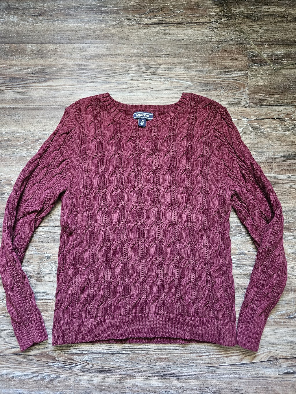 Lands' End Women's Drifter Sweater L/P 14-16 Red Cable Knit Crew Pullover